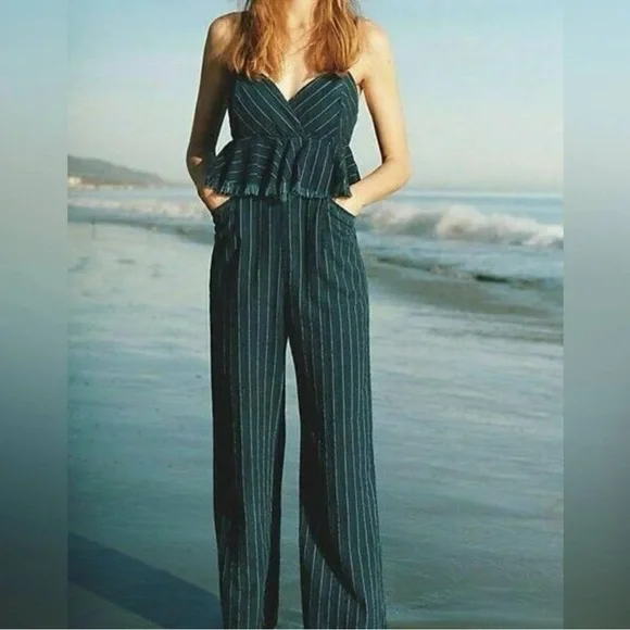 Anthro ett:twa Jumpsuit Womens Blue Denim Size SP Peplum Ruffled Striped Boho - Picture 2 of 13
